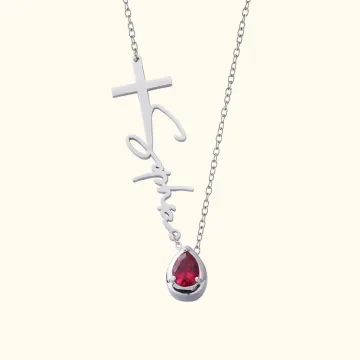 Discover Personalised Dainty Cross Name Necklace with Drop-Shaped Birthstone Birthday Christian Baptism Gift for Her
