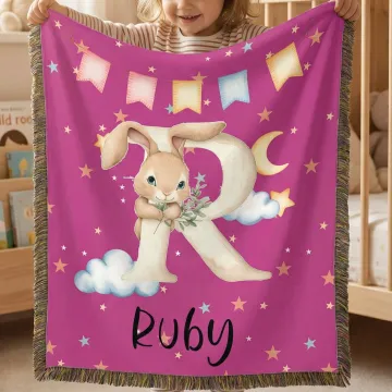 Discover Personalised Cartoon Animal Initial Multicolor Tassel Soft Throw Blanket with Name Daily Use Home Decor Birthday Gift for Kids Boys Girls