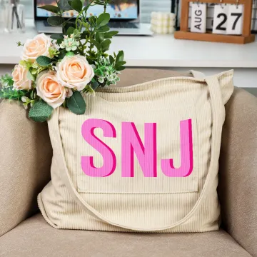 Discover Personalised Shadow Initial Slouchy Large Corduroy Tote Bag with Multiple Pockets Birthday Travel Accessory Gift for Friends Family