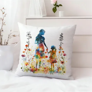 Discover Personalised Colourful Mom Daughter Silhouette Soft Cushion Cover with Name and Birth Flower Mother's Day Birthday Gift for Mom Grandmother