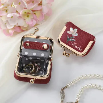 Discover Personalised Pearl Effect Initial Birth Flower Portable Genuine Leather Mini Jewellery Case with Kiss Lock and Name Daily Use Birthday Gift for Women