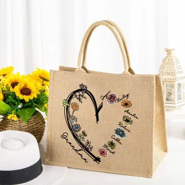 Discover Personalised Love Heart 1-6 Birth Flowers Reusable Jute Tote Bag with Nickname Birthday Mother’s Day Gift for Women