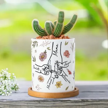 Discover Personalised Birth Flower Hand In Hand Planter Pot With Name and Bamboo Tray Interior Decoration Mother's Day Birthday Gift For Mom Grandma