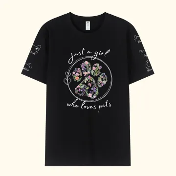 Discover Personalised Just A Girl Who Loves Pets Floral Paw Print T-shirt Sweatshirt with Dog Cat Ears and Names on Sleeves Gift for Fur Baby Mom Pet Lovers