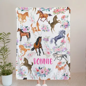 Discover Personalised Horse Floral Soft Throw Blanket with Name Warm Home Decor Birthday Children's Day Baby Shower Gift for Kids Newborn Horse Lovers