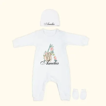 Discover Personalised Baby Romper Set with Hat and Gloves Coming Home Outfit