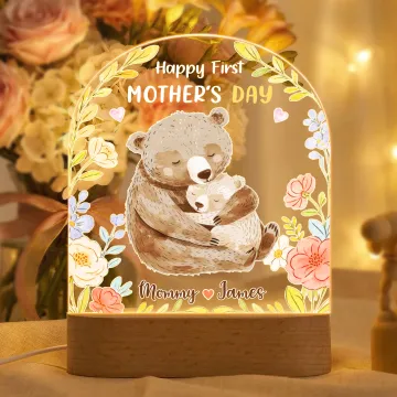 Discover Personalised Cute Flower Animal Acrylic Night Light with Name and Wooden Base Room Decoration Birthday Mother's Day Gift for New Mom