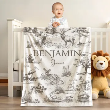 Discover Personalised Retro Bear Deer Forest Animals Soft Throw Blanket with Name and Surname Baby Shower Birthday Gift for Newborns Kids