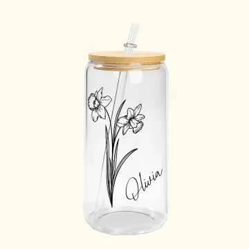 Discover Personalised Birth Flower Tumbler Glass Can with Bamboo Lid and Straw