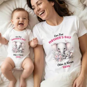 Discover Personalised Our First Mother's Day Elephant 100% Cotton T-shirt Baby Bodysuit with Name Mother's Day Gift for Mother Baby