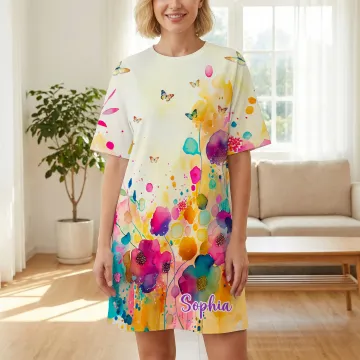 Discover Personalised Vibrant Watercolor Floral Soft Oversized Sleep Dress with Name Daily Use Birthday Gift for Mom Grandmom