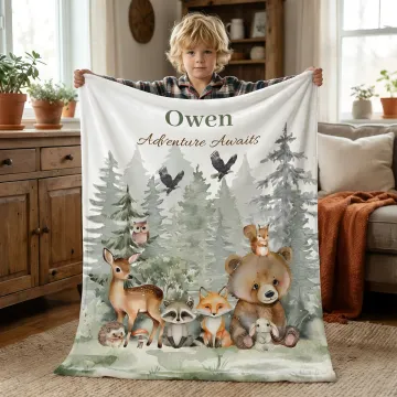 Discover Personalised Watercolor Forest Animals Soft Throw Blanket with Name and Text Home Decor Birthday Gift for Kids
