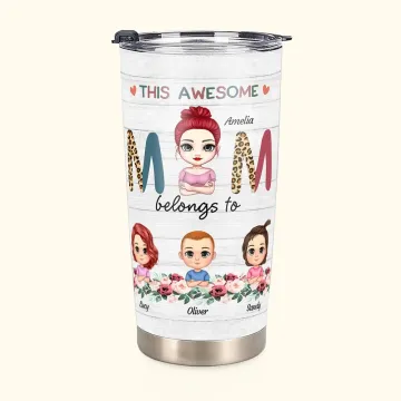 Discover Personalised Awesome Mom with Her Kids Flowers Element 20oz Tumbler Women's Day Gift for Hot and Cold Drinks