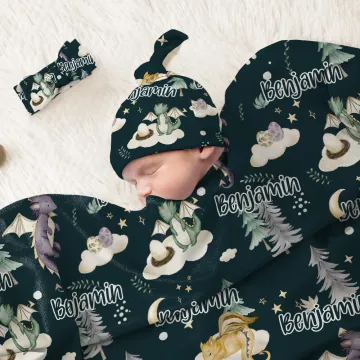 Discover Personalised Night Sky Little Dragon Receiving Blanket Swaddle Knot Hat Headband with Name Hospital Coming Home Outfit Baby Shower Gift for Newborns