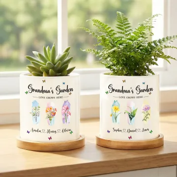 Discover Personalised Birth Flower Plant Ceramic Pot and Bamboo Base with Name Mother's Day Gift for Grandma Mommy
