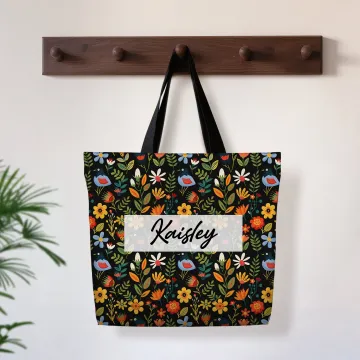 Discover Personalised Folk Art Flower Large Tote Bag with Name Travel Daily Use Birthday Anniversary Gift for Women Friends
