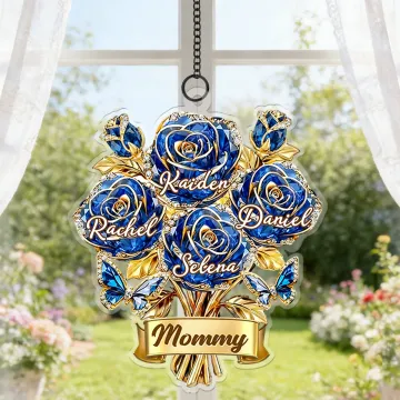 Discover Personalised Crystal Rose Bouquet Butterfly Suncatcher Acrylic Ornament with 1-8 Names and Title Home Decor Mother's Day Birthday Gift for Family Mom