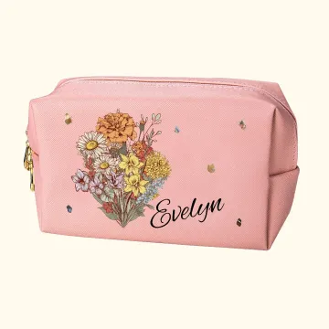 Discover Personalised Birth Flower Bouquet Leather Makeup Bag with Name Bridal Party Mother's Day Gift for Bestie Mom Grandma
