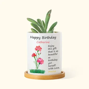 Discover Personalised Watercolour Birth Flower Blessing Names Ceramic Plant Pot with Bamboo Base Mother's Day Birthday Gift for Woman