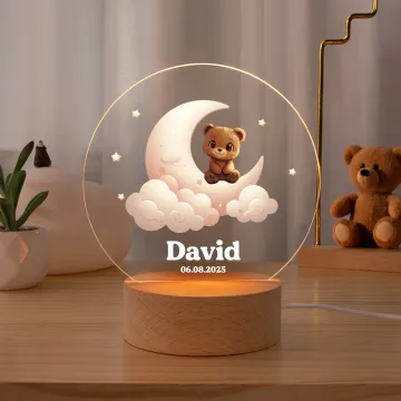 Discover Personalised Moon Stars Cute Animals LED Night Light with Name and Wooden Base Nursery Decor Birthday Gift for Kids Pet Lovers