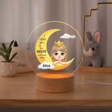 Discover Personalised I Love You To The Moon Dreamy Cartoon Girl Boy LED Night Light with Wooden Base and Name Nursery Room Decor Birthday Gift for Kids
