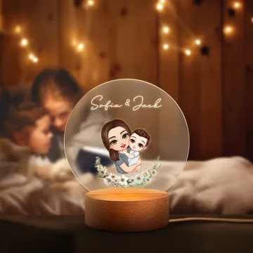 Discover Personalised Cartoon Mom and Kid Birth Flower LED Night Light with Name and Wooden Base Birthday Home Decor Mother's Day Gift for Mom Grandma