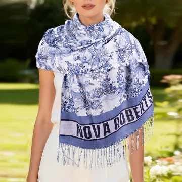 Discover Personalised Toile De Jouy Floral Tassel Soft Warm Scarf with Initial and Name Winter Accessory Anniversary Birthday Gift for Women