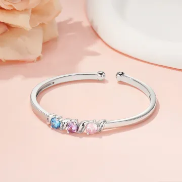 Discover Personalised 1-5 Family Birthstones Cuff Bracelet with Engraved Name Women's Jewellery Birthday Anniversary Mother's Day Gift for Mom Grandma