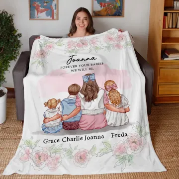 Discover Personalised Watercolour Carnation Mother and 1-3 Children Cartoon Character Soft Blanket with Names Home Decor Mother's Day Birthday Gift for Mom
