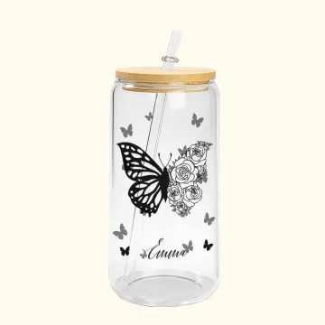 Discover Personalised Half Butterfly Half Birth Flower Can Tumbler Glass with Bamboo Lids 20oz