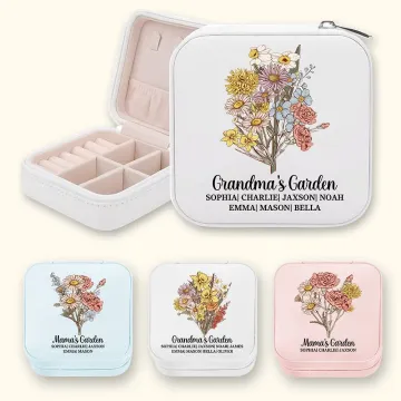 Discover Personalised Watercolour Birth Flower Bouquet Portable Leather Jewellery Case with Name Mother's Day Birthday Gift for Women