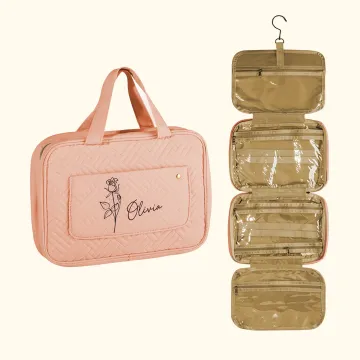 Discover Personalised Birth Flower Foldable Hanging Makeup Organizer Toiletry Bag with Name and Four Compartments  Birthday Mother's Day Gift for Women