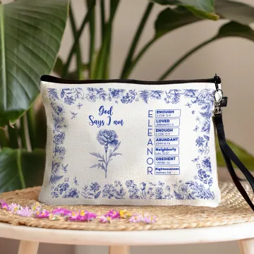 Discover Personalised Toile De Jouy Birth Flower Bible Chapter Name Makeup Bag with Wrist Strap Baptism Birthday Christmas Gift for Women Christians