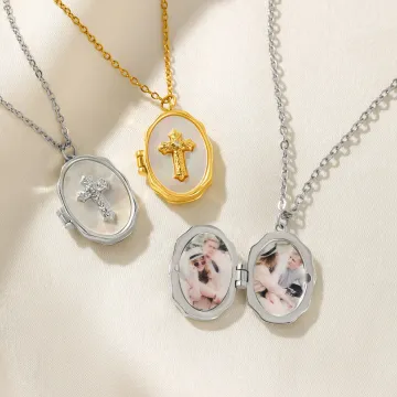 Discover Personalised 1-2 Photos Cross Oval Locket Necklace Dainty Jewellery Christening Christmas Birthday Gift for Christian Women