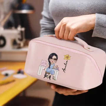 Discover Personalised Birth Flower Cartoon Sewing Girl PU Leather Makeup Bag with Name Portable Travel Accessories Birthday Gift for Women Girls