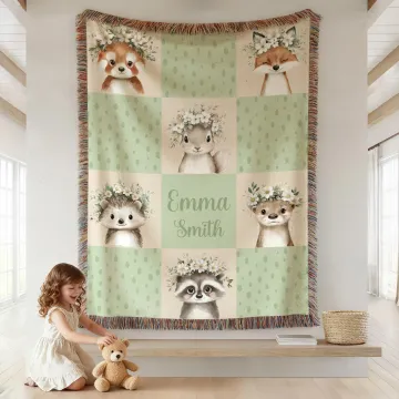 Discover Personalised Cute Wreath Animal Patchwork Multicolour Soft Tassel Blanket with Name Home Decor Birthday Gift for Kids Family