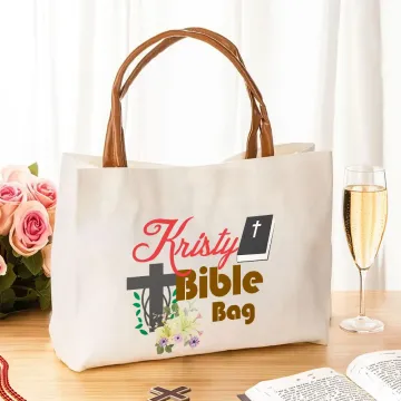 Discover Personalised Floral Cross Bible Large Canvas Tote Bag with Name and Leather Handle Travel Accessories Religious Ceremonies Gift for Women Christian