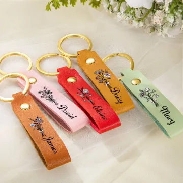 Discover Personalised Birth Flower Pink Bow PU Leather Keychain with Name Birthday Anniversary Christmas Gift for Women