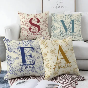 Discover Personalised Toile De Jouy Floral Initial Soft Throw Pillow Cover with Name Home Decor Birthday Christmas Gift for Women