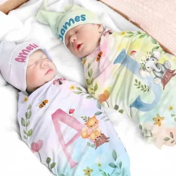 Discover Personalised Flower Wreath Animals 100% Cotton Watercolour Swaddle Blanket and Hat Set with Name Birthday Baby Shower Gift for Newborns