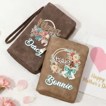 Discover Personalised Mama Bow Flower PU Leather Wallet with Name and Wristlet Mother's Day Birthday Gift for Women