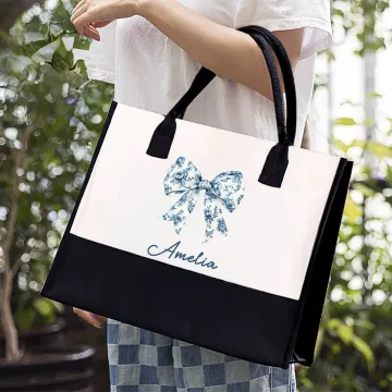 Discover Personalised Toile De Jouy Blue Bow Black and White Waterproof Large Canvas Tote Bag with Name Birthday Anniversary Gift for Women