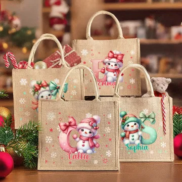 Discover Personalised Cartoon Santa Hat Snowman Bow Initial Jute Tote Bag with Name Birthday Christmas Gift for Family Friends