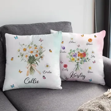Discover Personalised Birth Flower Bouquet Butterfly Soft Throw Pillow Cover with Nickname and 1-8 Names Home Decor Birthday Gift for Family