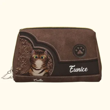 Discover Personalised Cartoon Cat Retro Leather Waterproof Open Wide Makeup Pouch Bag with Name Travel Essentials Birthday Gift for Women Pet Lovers