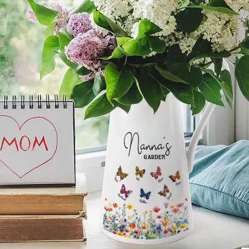 Discover Personalised Birth Flower Butterfly Garden Ceramic Flower Vase with Nickname and 1-8 Names Birthday Mother's Day Gift for Mom Grandma Family
