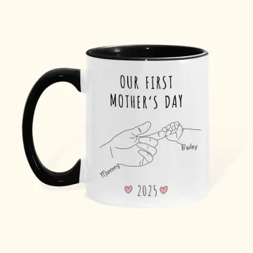Discover Personalised Parent - Child Hand in Hand 11oz Ceramic Coffee Mug with Name and Year Our First Mother's Day Father's Day Gift for Family