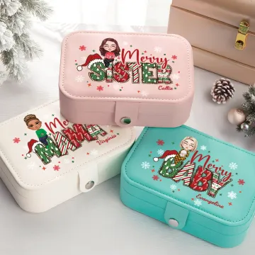 Discover Personalised Merry Mama Sister Snowflake Cartoon Character Leather Travel Jewellery Box with Name Portable Birthday Christmas Gift for Women