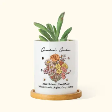 Discover Personalised Grandma's Garden Birth Flower Bouquet Ceramic Plant Pot with Bamboo Base and Names Mother's Day Gift for Mom Grandma