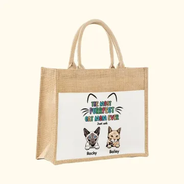 Discover Personalised The Most Purrfect Cat Mom Ever Jute Tote Bag with Front Pocket and 1-6 Cat's Name Birthday Travel Accessory Gift for Cat Lover